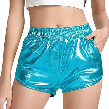 MAKARTHY Women's Metallic Shorts Elastic Waist Shiny Sparkly Rave Pants | Amazon (US)