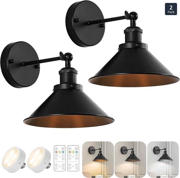 Black Vintage Wireless Battery Operated Wall Sconces, Industrial Cordless Battery Powered Led Wal... | Amazon (US)