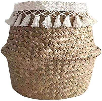 Woven Seagrass Belly Basket, Tassel Macrame Hand Woven Seagrass Belly Basket for Storage, Picnic,... | Amazon (US)