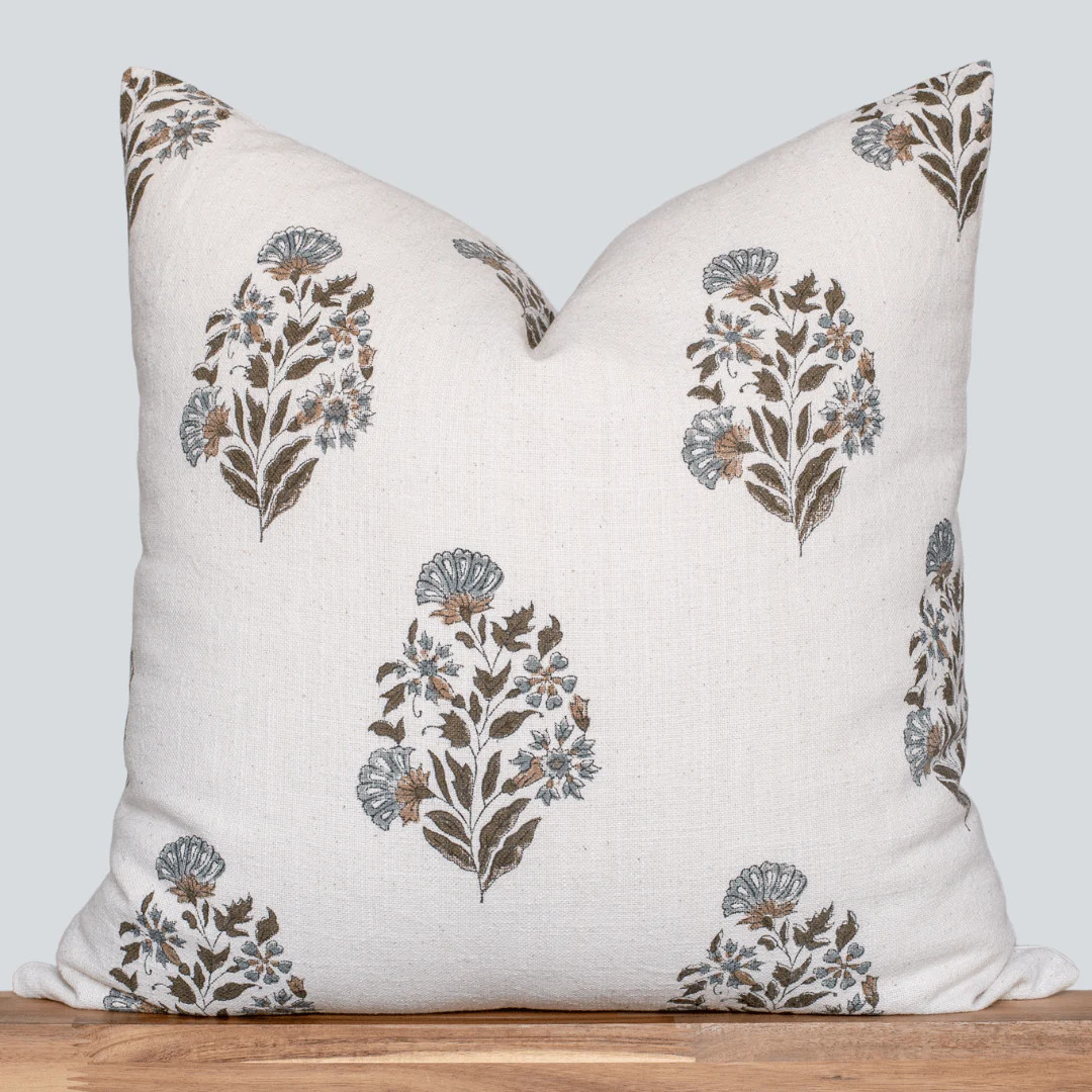 Briar Floral Block Printed Pillow Cover | Blue, Brown, Green | Apartment No.3