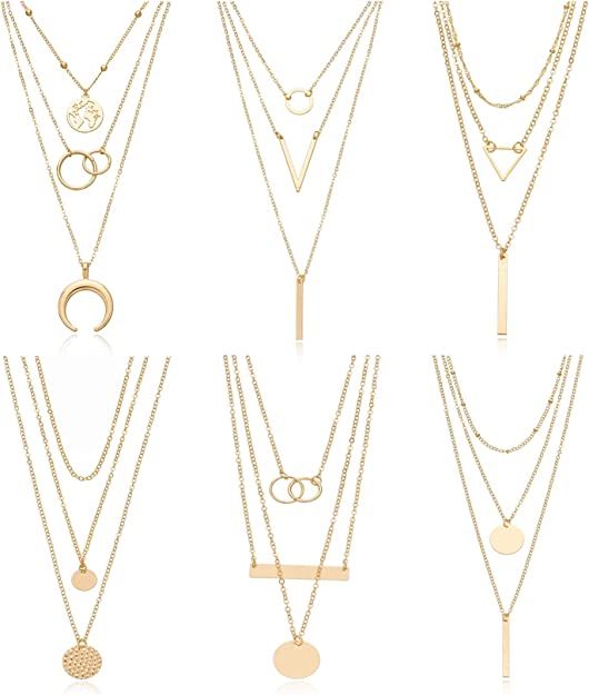 Amazon.com: Biokia 6 Pieces Layered Necklaces For Women Long Necklaces Gold Choker Necklaces Map ... | Amazon (US)