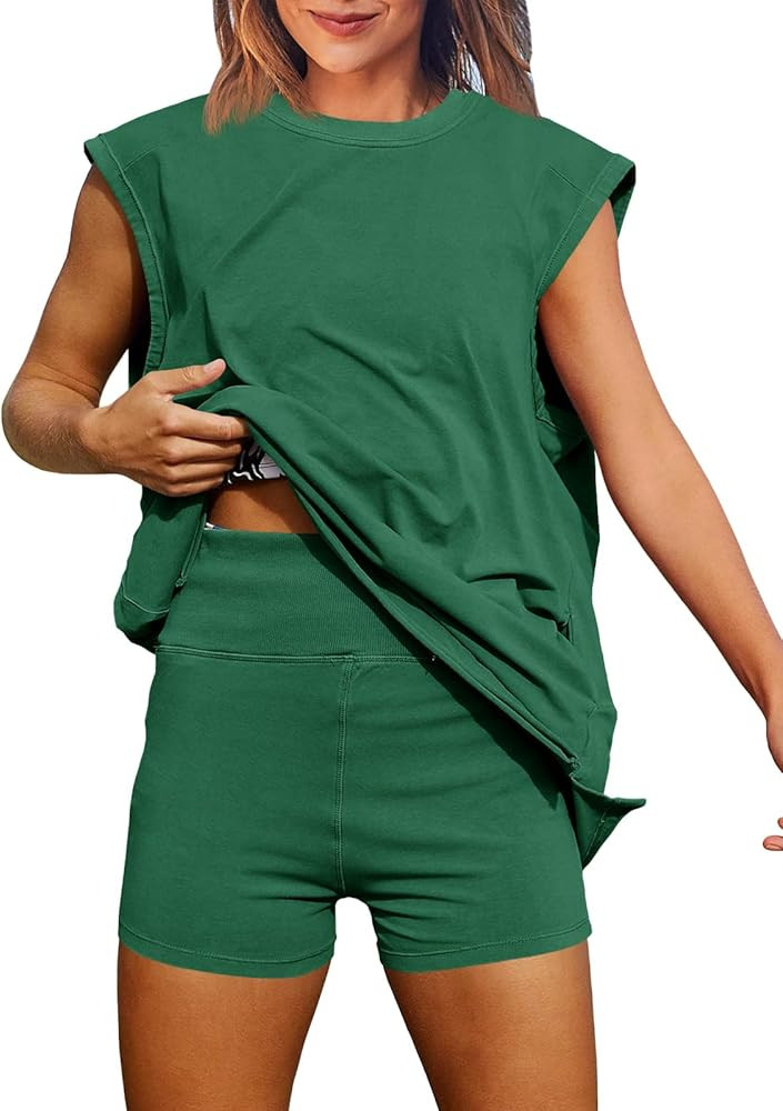 Fisoew Womens Summer 2 Piece Outfits Casual Short Sleeve Slit Tunic Tops High Waisted Shorts Work... | Amazon (US)