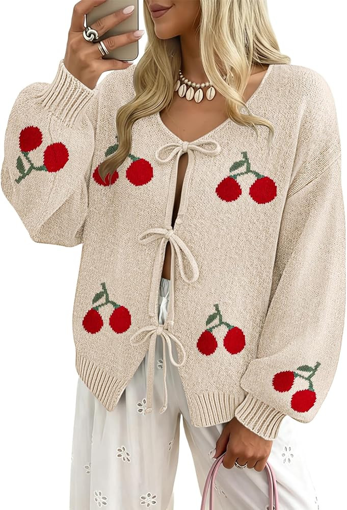 Womens Bow Tie Front Cardigan Sweaters Long Puff Sleeve Cute Print Jacket Coats 2025 Trendy Fall ... | Amazon (US)