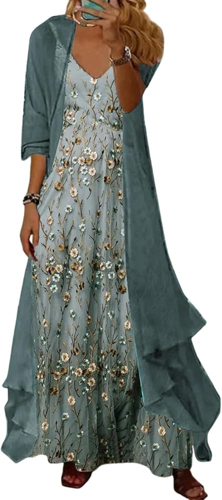 LOZ 2 Piece Sets for Women Summer Maxi Dresses Sleeveless Spaghetti Strap Floral Dresses with She... | Amazon (US)