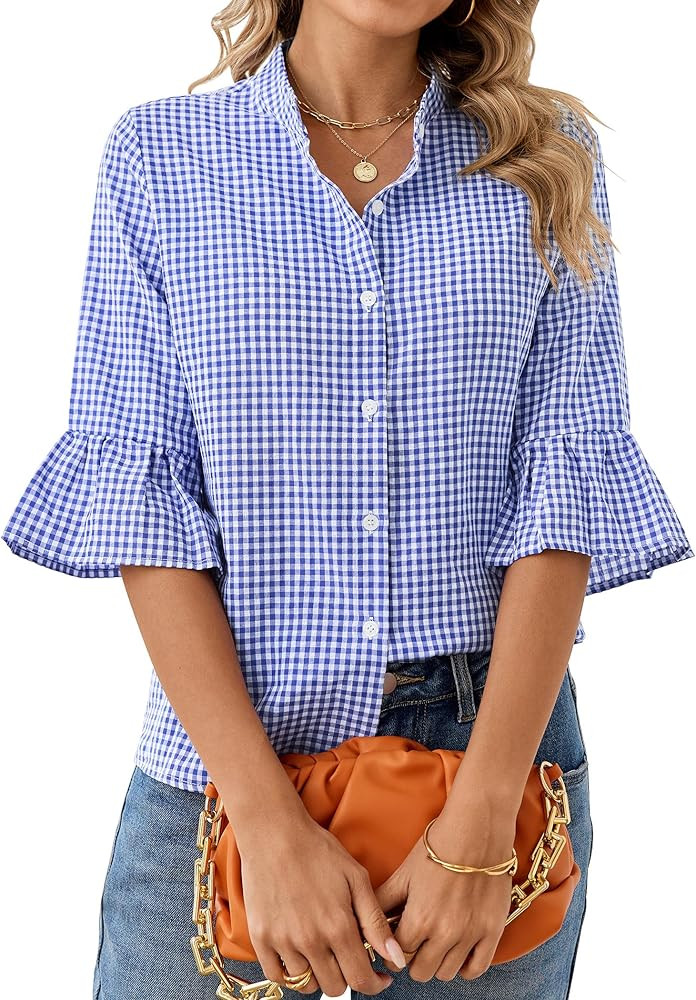 siliteelon Plaid Shirts for Women Gingham Top Button Down Checkered 3/4 Ruffle Sleeve Mandarin Co... | Amazon (US)