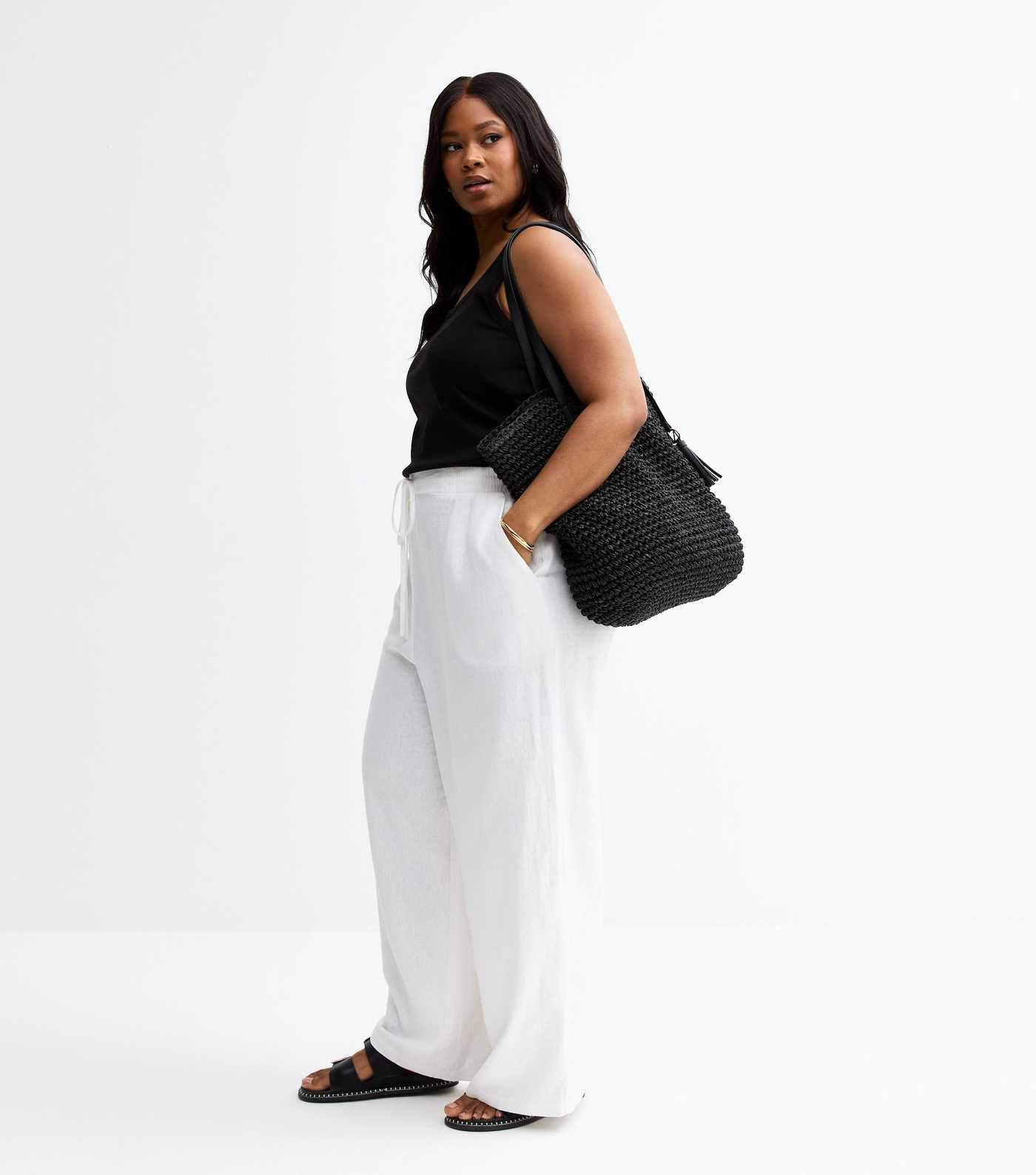 Curves White Linen Blend Wide Leg Trousers | New Look | New Look (UK)