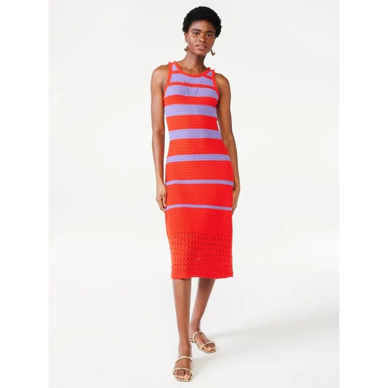 Scoop Women’s Striped Crochet Dress, Mid-Calf Length | Walmart (US)