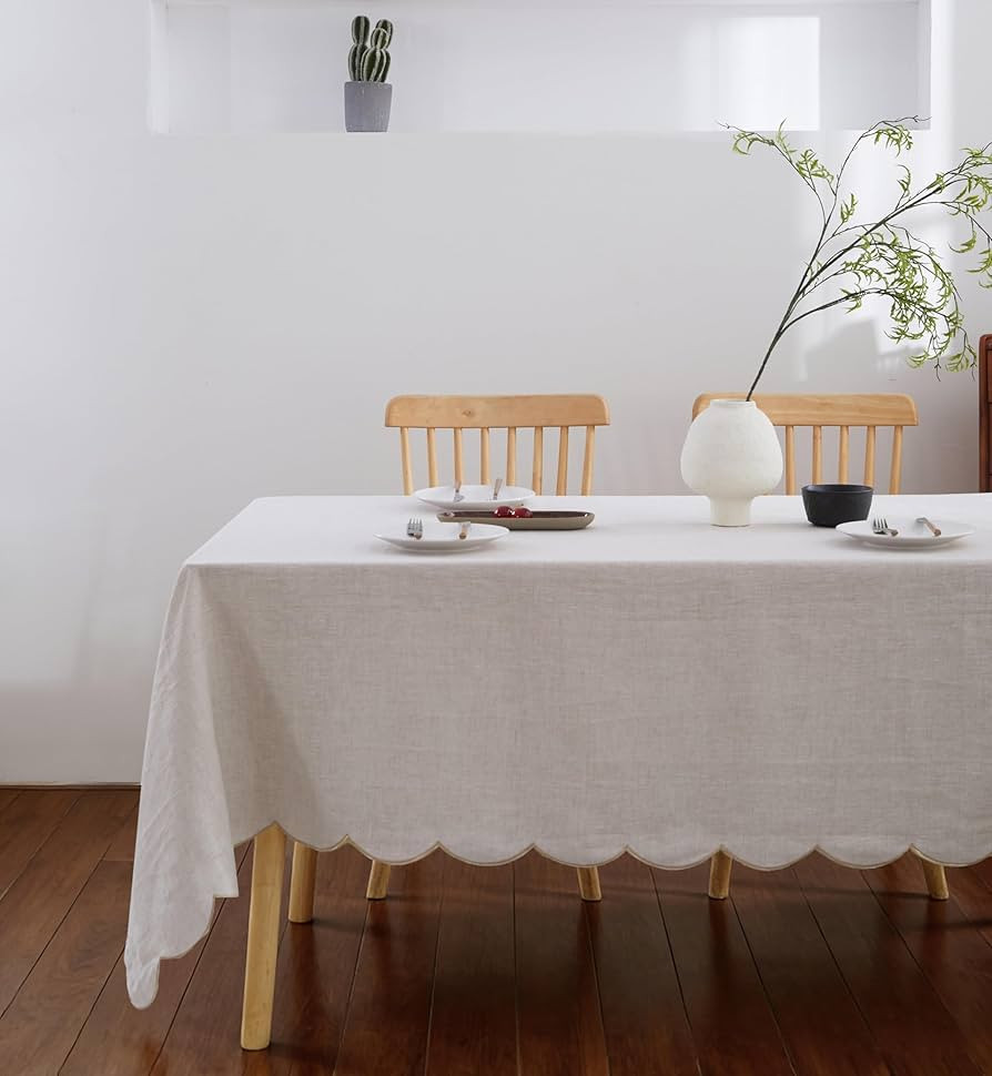 100% French Flax Linen Tablecloths Scalloped Embroidery Rectangle 84Lx60W Inch for Dinners, Parti... | Amazon (US)