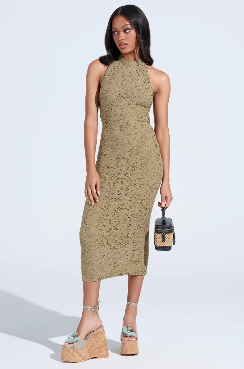 ON THE MOVE BODYCON MIDI DRESS IN OLIVE | AKIRA