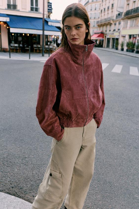 Zara - 100% Leather High Neck Bomber Jacket - Marsala - L - Woman | Zara US