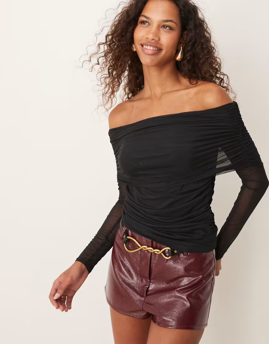Abercrombie & Fitch mesh off the shoulder long sleeve top in black | ASOS (Global)
