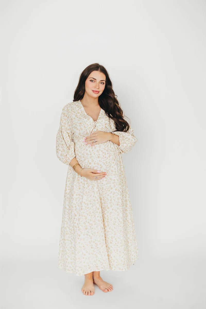 Hunter 100% Cotton Gauze Midi Dress in Natural/Fawn Floral - Bump Frie | Worth Collective
