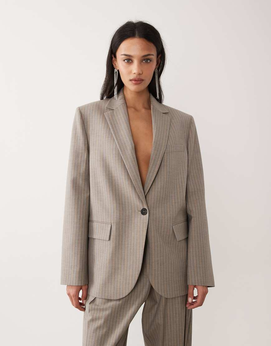 Mango Sol tailored blazer co-ord in beige and blue stripe-Neutral | ASOS (Global)