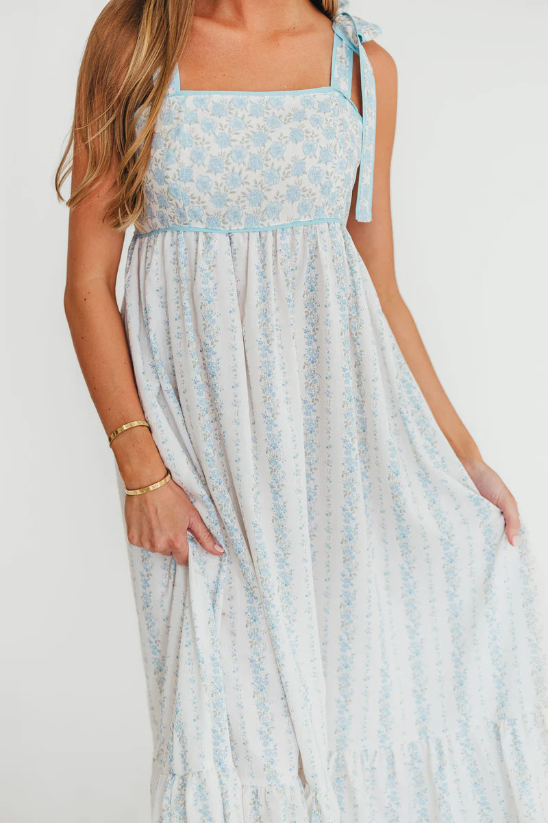 Kelly Adjustable Tie Maxi Dress in French Blue Floral | Worth Collective