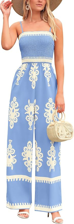 PRETTYGARDEN Women's Summer Boho Jumpsuits One Piece Beach Vacation Outfits Spaghetti Strap Wide ... | Amazon (US)