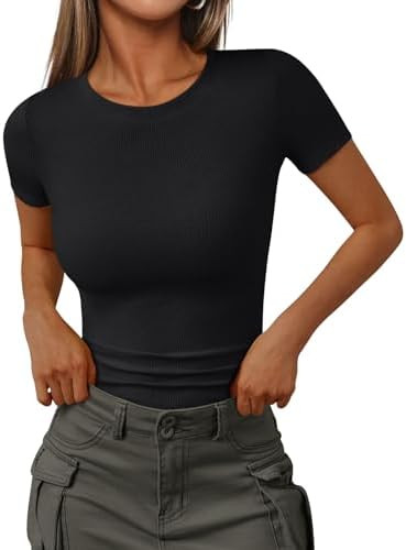 Trendy Queen Women's Crewneck Ribbed Knit Fitted T-Shirt | Amazon (US)