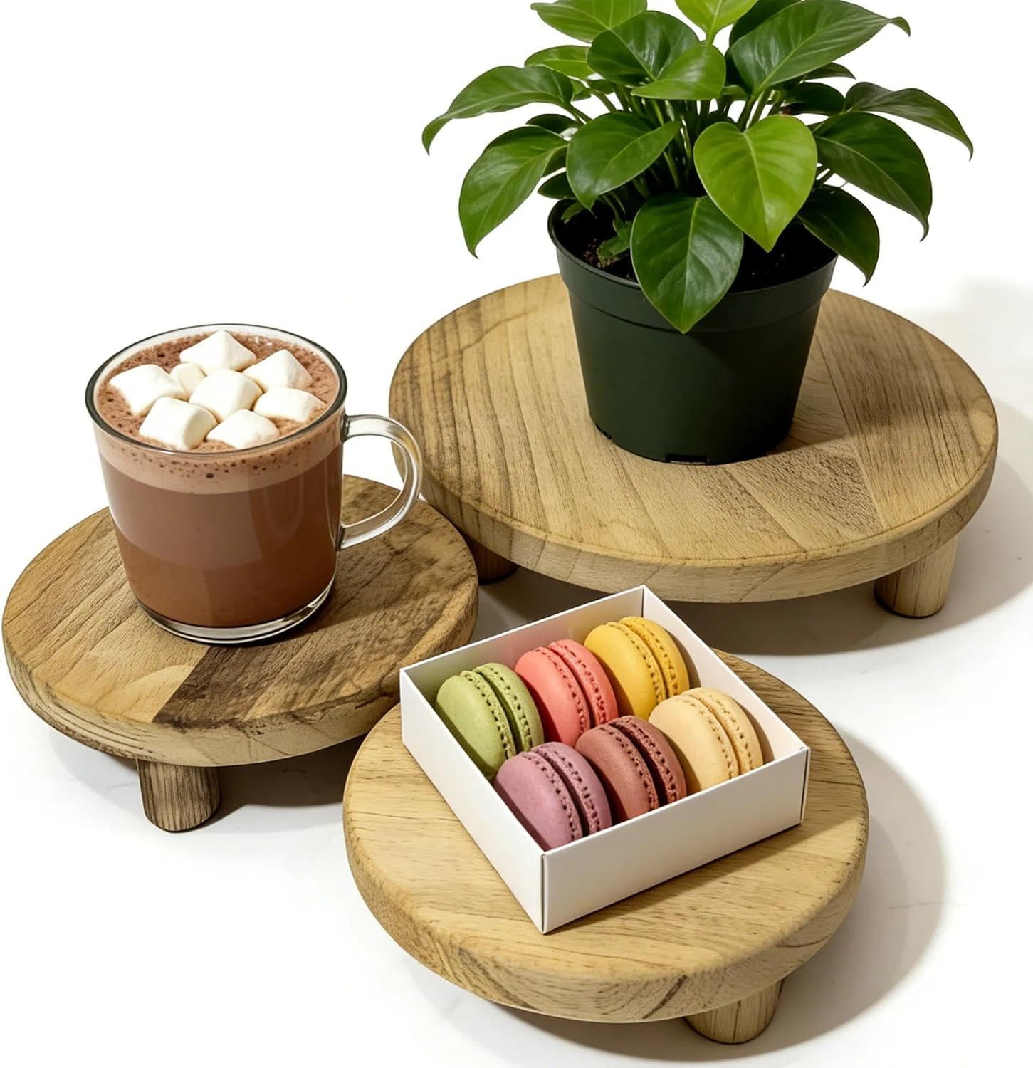 6/8/10 Inch Set of 3 Round Wood Risers, Farmhouse Wooden Pedestal Display Stands, Natural Solid Wood Plant Riser for Kitchen Counter, Bathroom, Desktop Decor, Cake Cupcake Candle Display, | Amazon (US)