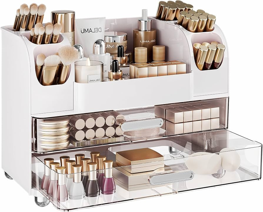 Delamu Large Makeup Organizer Countertop with 6 Brush Holders, Makeup Organizers for Vanity with ... | Amazon (US)