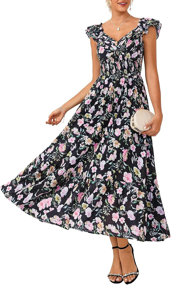 GRACE KARIN Women's Summer Floral Maxi Dress 2026 Ruffle Sleeve Smocked Sundress Flowy Wedding Gu... | Amazon (US)