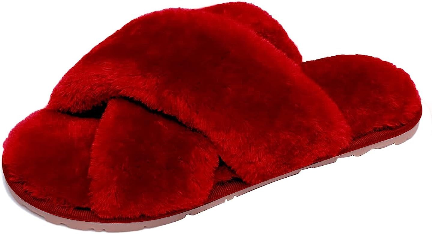 Husmeu Women's Cross Band Fuzzy Slippers Open Toe Comfy Soft Plush Rubber Sole House Shoese Indoor O | Amazon (US)