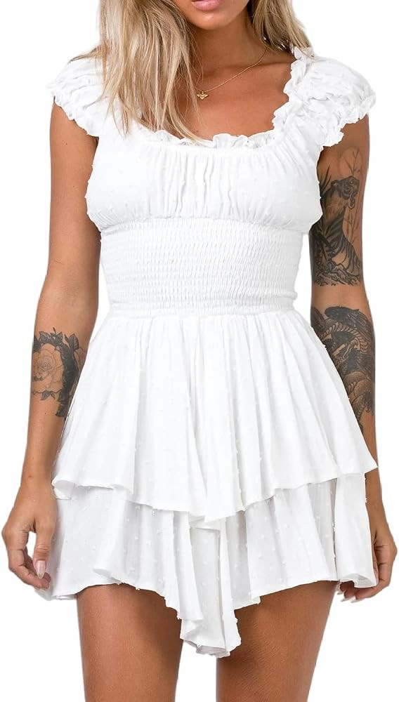R.Vivimos Women's Summer Cotton Puff Sleeves Layered Ruffles Casual Boho Swing Mini Dresses | Amazon (US)