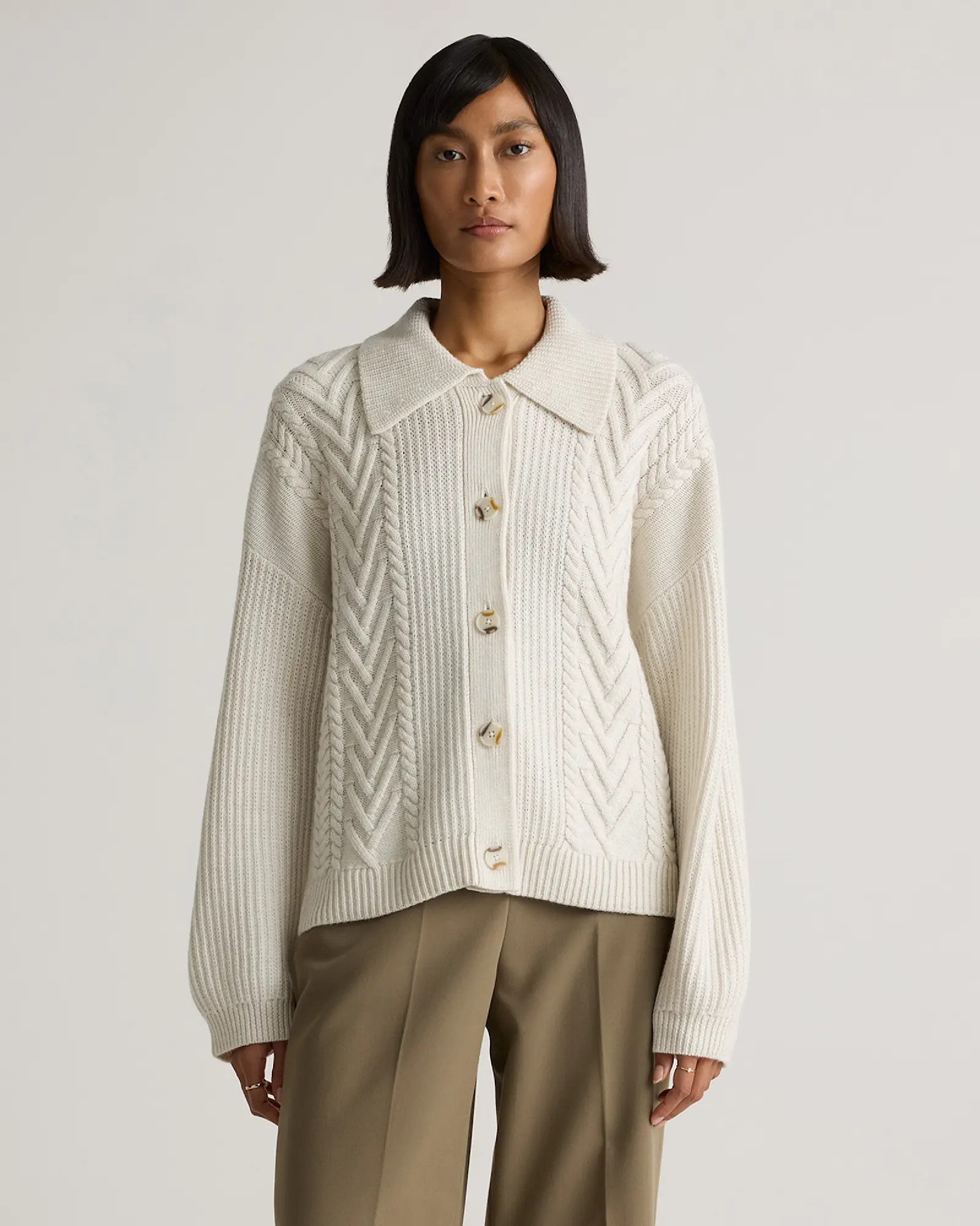 Australian Merino Wool Collared Cable Cardigan in Heather Bone | Quince