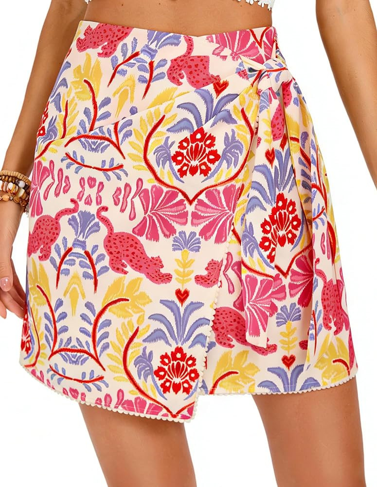 Kate Kasin Women's Boho Mini Skirts Floral Wrap Tie Skirt Elastic High Waisted Summer Casual Beac... | Amazon (US)