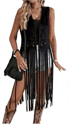 Women's Faux Suede Tassel Vest Sleeveless Western Cowgirl Fringe Jacket 70s Hippie Open Front Car... | Amazon (US)