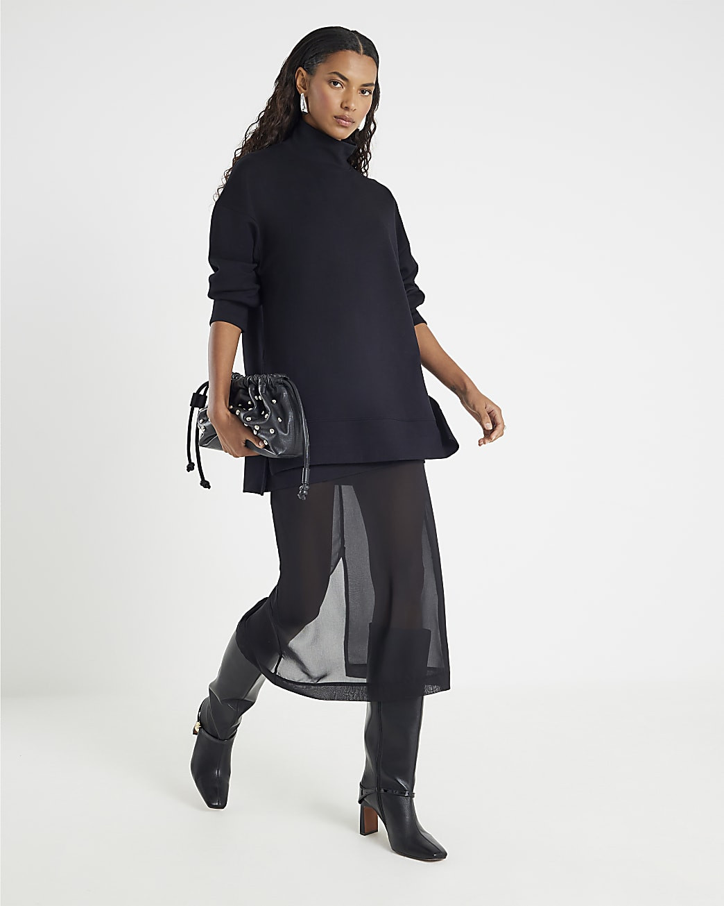 Black Premium High Neck Tunic Top | River Island UK & IE
