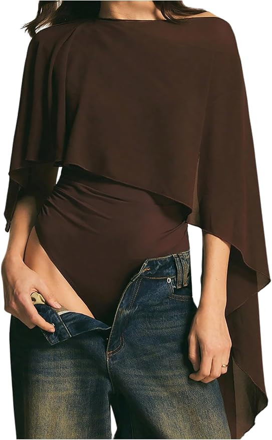 GORGLITTER Women's Ruched One Shoulder Bodysuit Dressy with Sheer Poncho Shawl Body Suit Tops | Amazon (US)