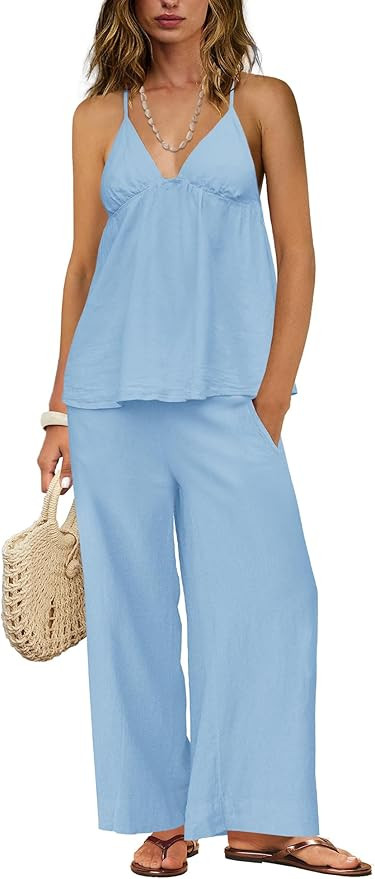 ReachMe Womens 2 Piece Linen Set Spaghetti Strap Top and Wide Leg Pants Set with Pockets Loungewe... | Amazon (US)