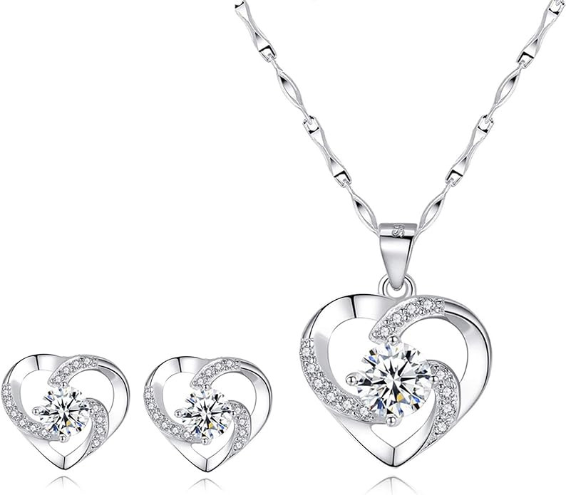 Jewelry Set for women, 925 Sterling Silver Stud Earrings, Love Pendant Necklace with White/Purple... | Amazon (US)