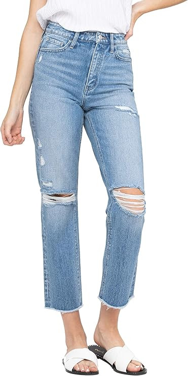 VERVET by Flying Monkey Super High Rise Distressed Slim Crop Straight Jeans | Amazon (US)
