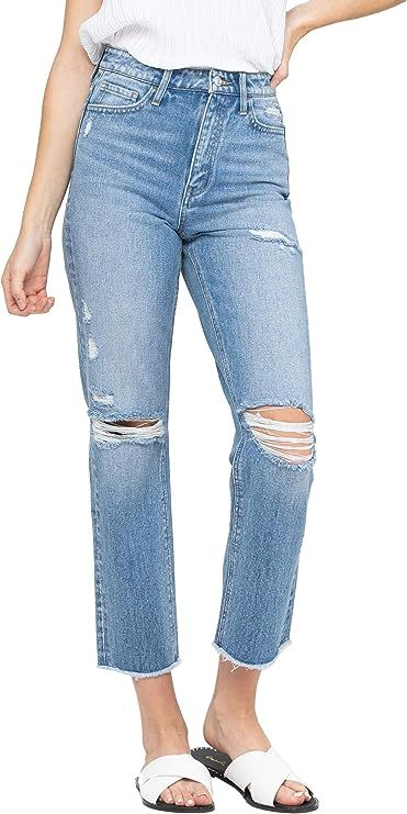 VERVET by Flying Monkey Super High Rise Distressed Slim Crop Straight Jeans | Amazon (US)