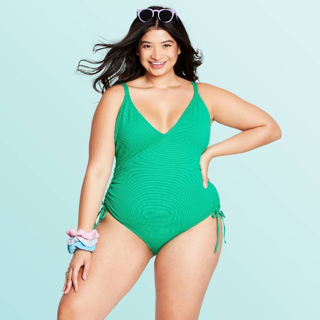 Women's Deep V-Neck Textured One Piece Swimsuit - Stoney Clover Lane x Target Green | Target