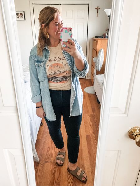 I love my graphic tees from Mountain Moverz!  I wore one with this denim shirt and pixie pants for my teacher outfit today - cute & comfy 🙌

#LTKmidsize #LTKfindsunder50 #LTKSeasonal
