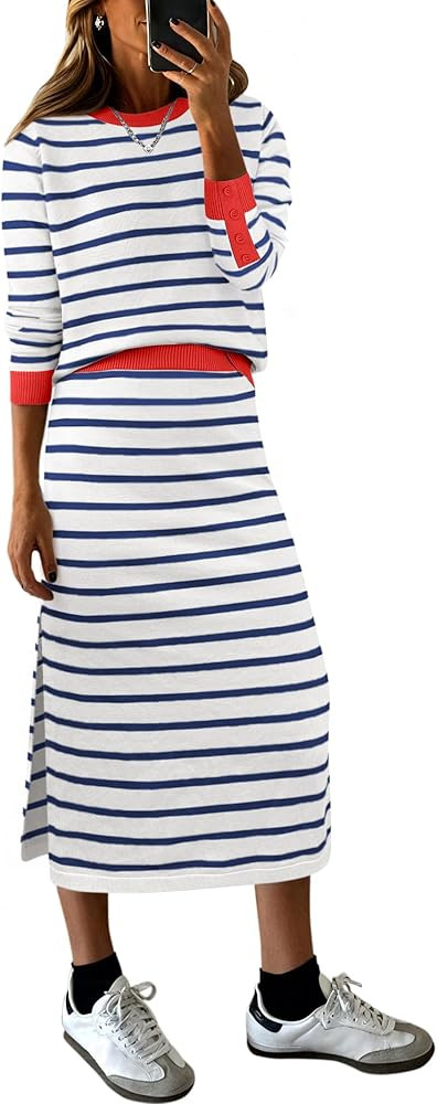 ANRABESS 2 Piece Skirts Sets For Women Fall Fashion 2025 Striped Sweater Midi Dress Knit Lounge T... | Amazon (US)