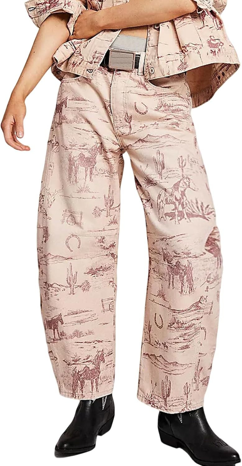 loveimgs Women Boyfriend Baggy Barrel Jeans Floral Print Denim Ankle Pants Wide Leg Mid Rise Jeans Sweatpants Y2k Patchwork | Amazon (US)