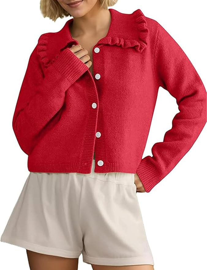Ziqoty Womens Ruffle Cropped Sweater Open Front Outerwear Elegant Long Sleeve Knitted Cardigan So... | Amazon (US)
