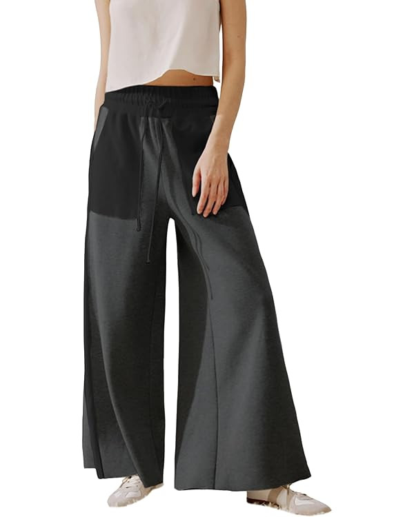 Women's Wide Leg Pants High Waisted Casual Flowy Pants Patchwork Two-Tone Color Block Drawstring ... | Amazon (US)