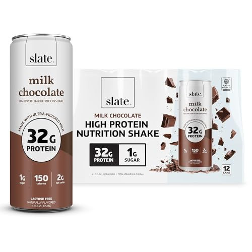 Slate Milk - High Protein Nutrition Shake - Milk Chocolate - 32g Protein, 1g Sugar, 150 Calories, 2g Net Carbs - Lactose Free - No Added Sugar - Breakfast Boost, Post Workout - 11 fl oz, 12 Cans | Amazon (US)