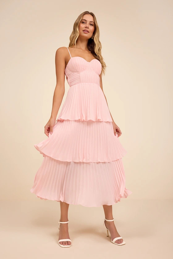 Cascading Crush Blush Pink Tiered Bustier Midi Dress | Lulus