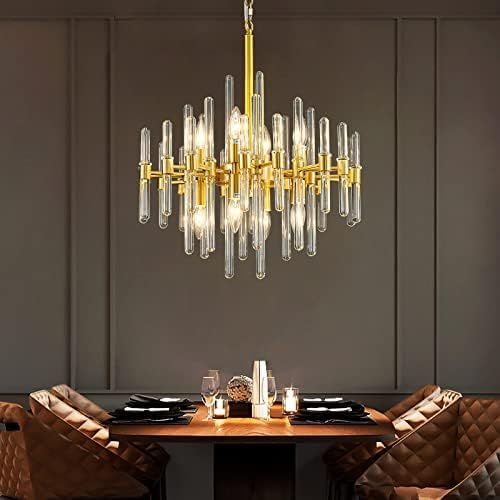 Siljoy Modern Round Crystal Chandelier, Gorgeous Gold Pendant Light Fixture with Brass Base Clear... | Amazon (US)