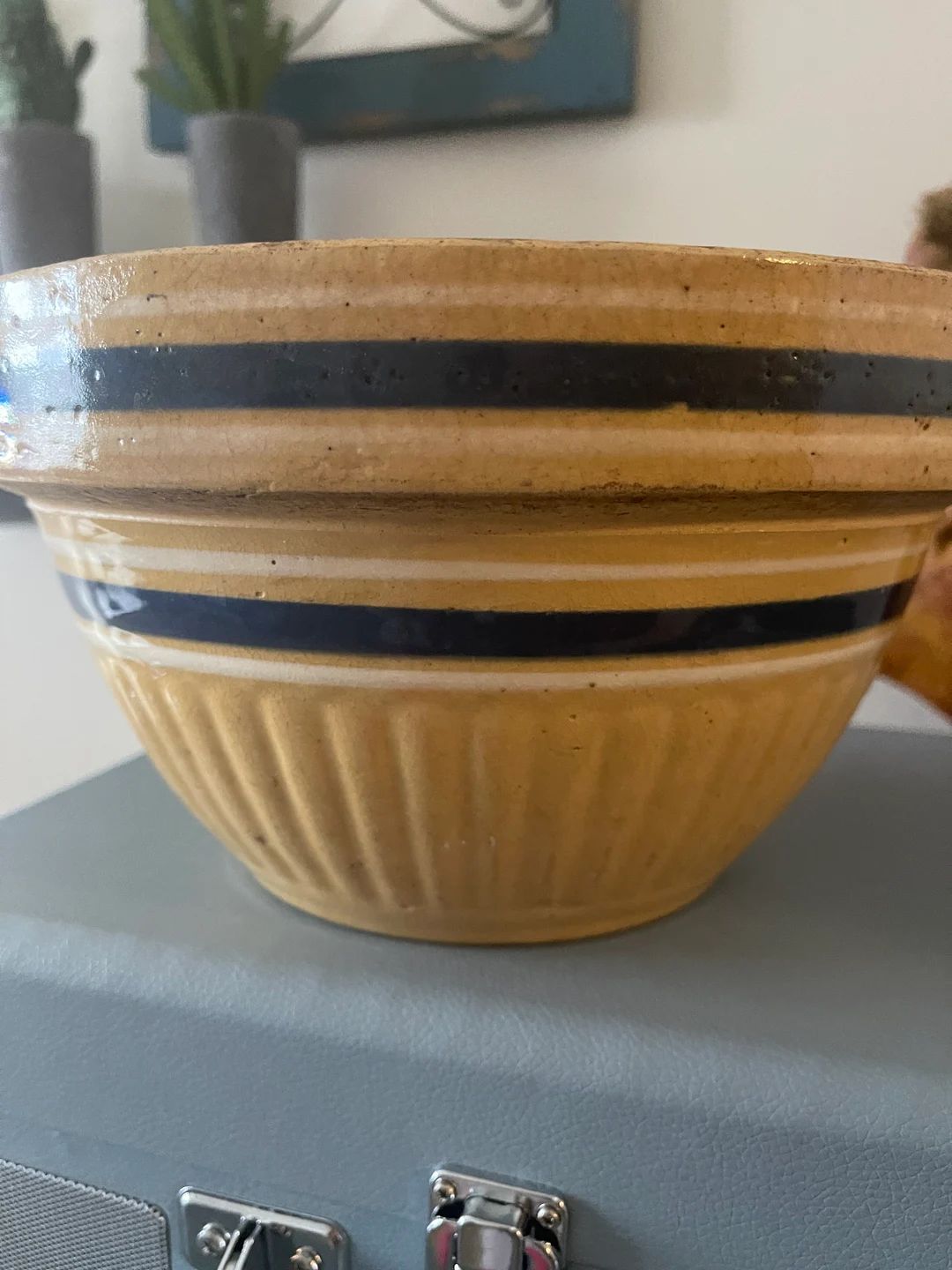 Vintage Yellowware Mixing Bowl With Blue & White Stripe - Etsy | Etsy (US)