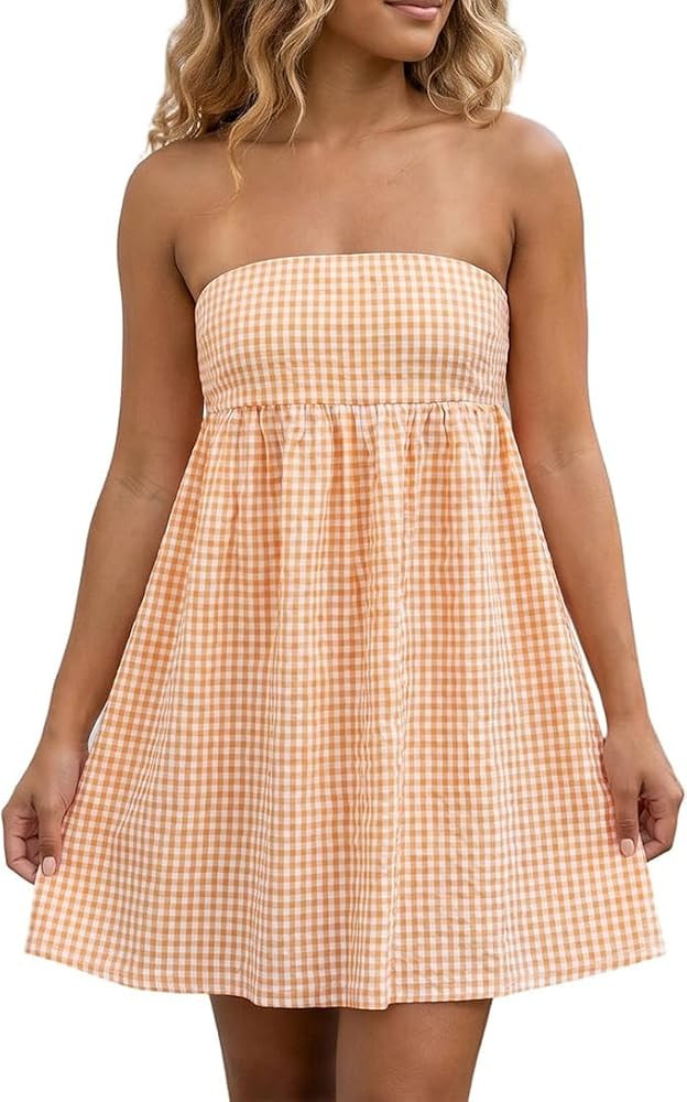 Strapless Gingham Mini Dress Women Y2k Sexy Backless Babydoll Tube Sundress | Amazon (US)