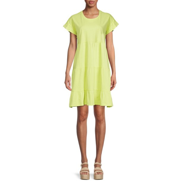 Time and Tru Women's Short Sleeve Flutter Tiered Dress | Walmart (US)