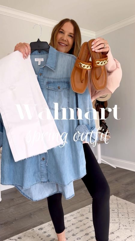 Walmart spring outfit idea🌼love a denim shirt + white jeans combo. These $20 jeans fit like a glove and I’m loving the high low detail on this chambray. Add these luxe looking $15 sandals for the perfect finishing touch. 

Walmart fashion finds, Walmart style, Walmart outfit, spring outfit idea, classic style, timeless fashion, how to style white jeans, casual spring outfit, brown sandals, affordable fashion, inclusive fashion 



#LTKSeasonal #LTKover40 #LTKsalealert