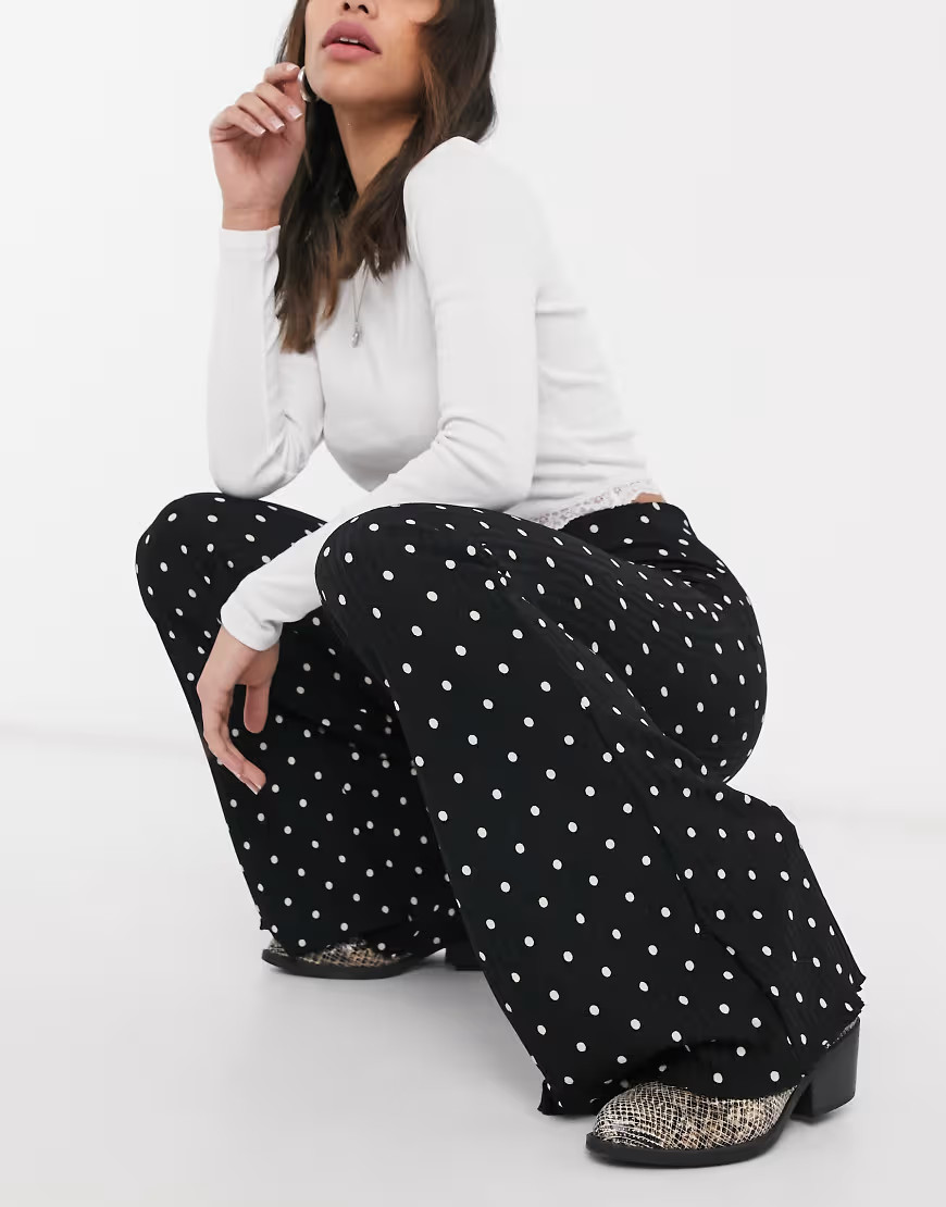 Bershka rib flared pants in black polka dot | ASOS (Global)