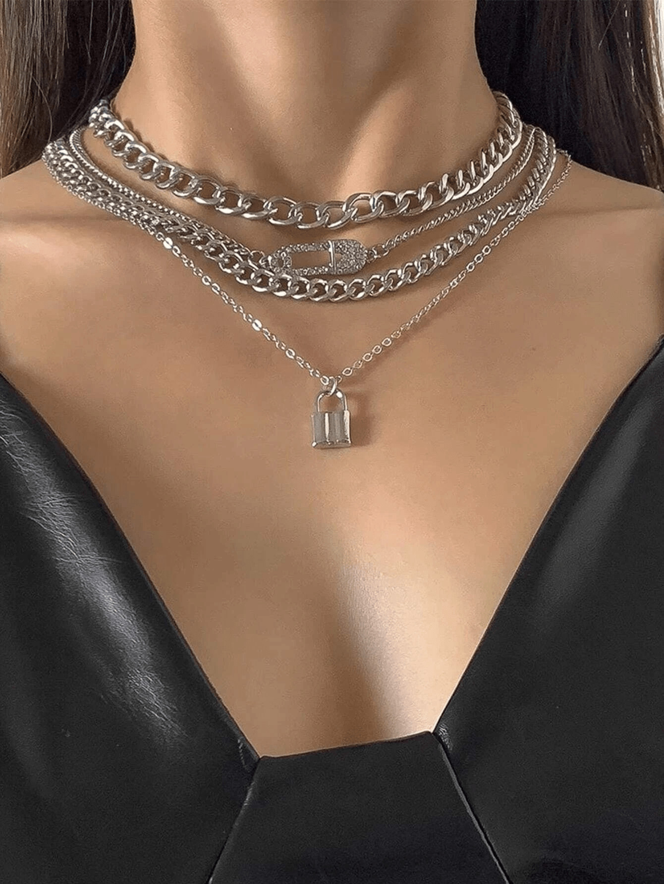 4pcs Rhinestone Safety Pin & Lock Decor Necklace | SHEIN USA | SHEIN