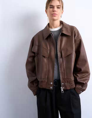 Topshop faux leather bubble boxy zip up pocket bomber jacket in washed brown | ASOS | ASOS (Global)